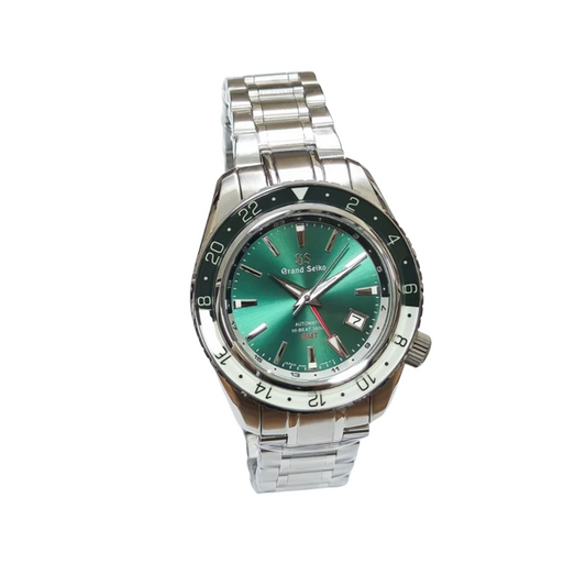 Front view of a Seiko Grand Seiko men's watch with green dial and stainless steel bracelet
