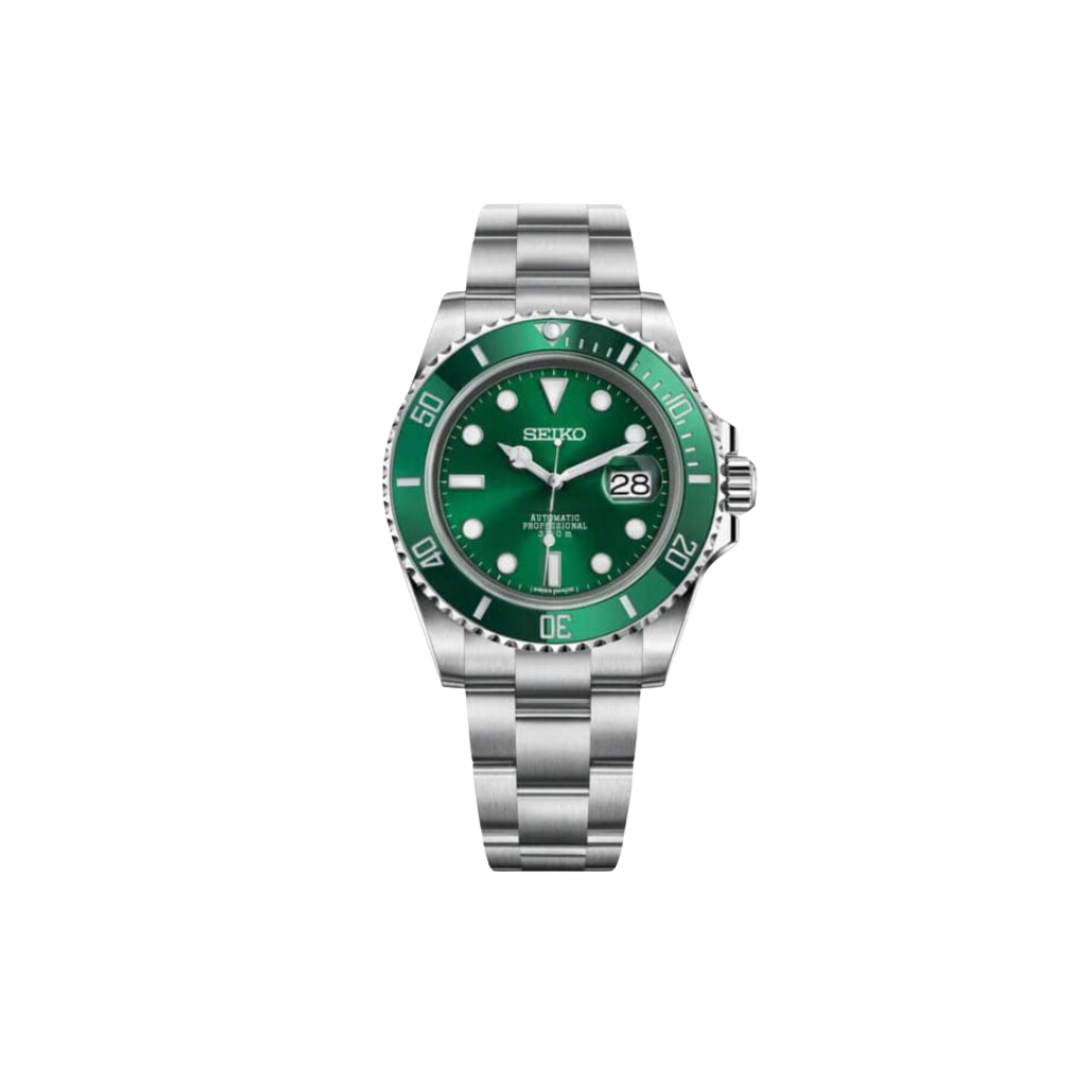SEIKO MOD SEADWELLER BLACK MEN'S WATCH with green Dial and Steel Bracelet