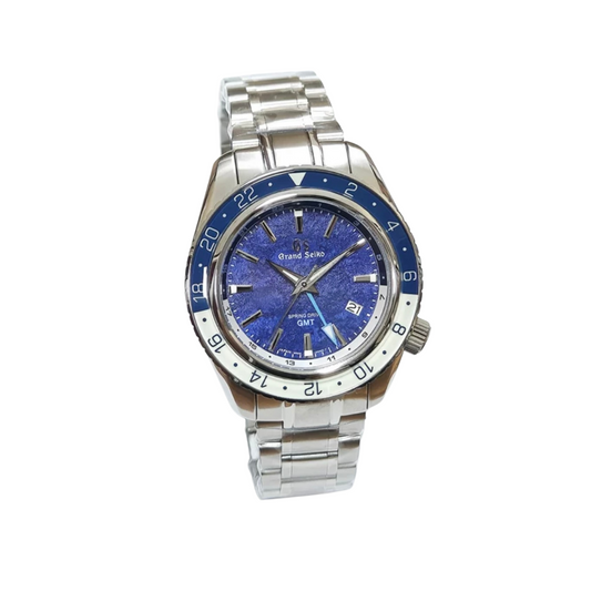 Front view of a Seiko Grand Seiko men's watch with blue dial and stainless steel bracelet
