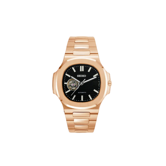 SEIKO MOD OPEN HEART NAUTILUS BLACK MEN'S WATCH with black Dial and gold Steel Bracelet