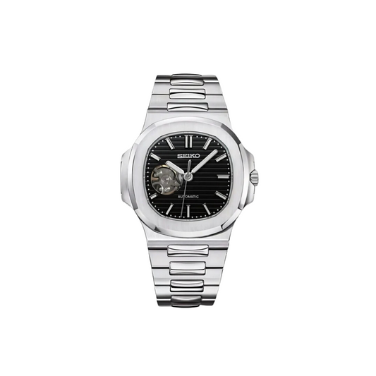 SEIKO MOD OPEN HEART NAUTILUS BLACK MEN'S WATCH with black Dial and Steel Bracelet