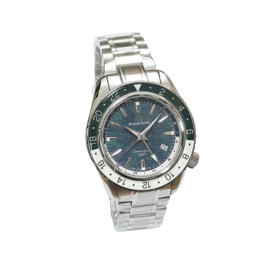 Front view of a Seiko Grand Seiko men's watch with blue dial and stainless steel bracelet
