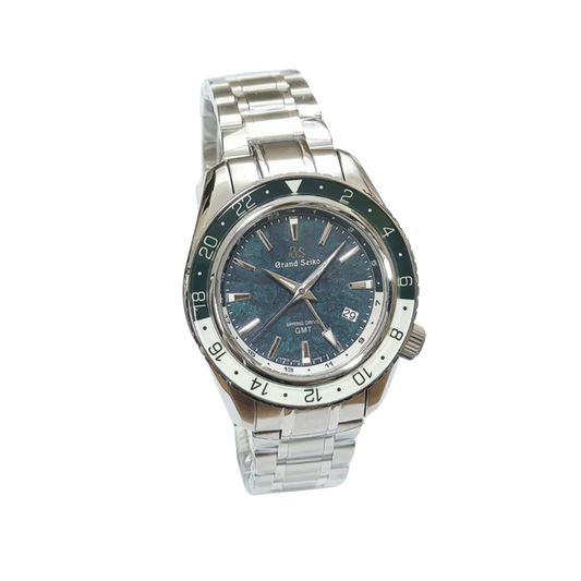 Front view of a Seiko Grand Seiko men's watch with blue dial and stainless steel bracelet
