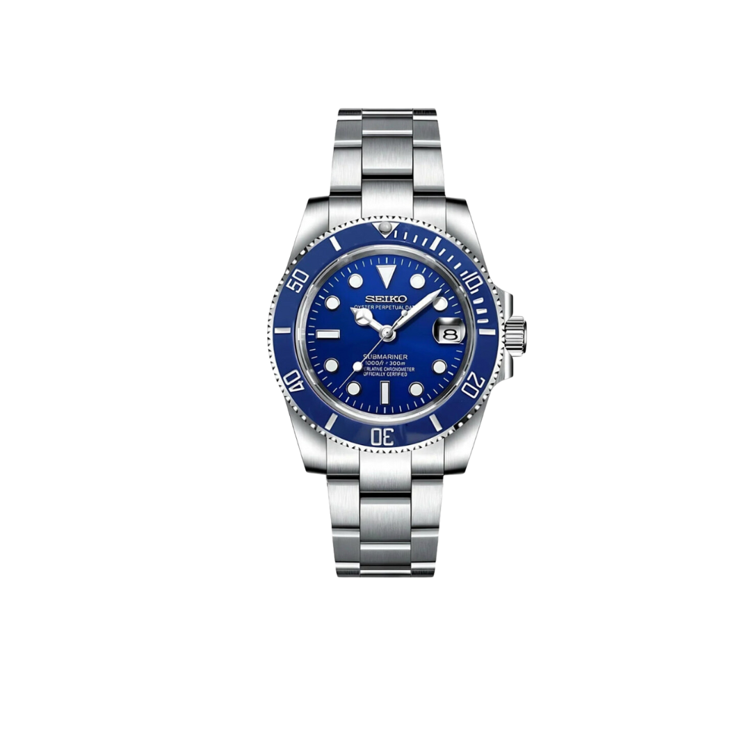 SEIKO MOD SUBMARINER SMURF MEN'S WATCH with blue Dial and Steel Bracelet
