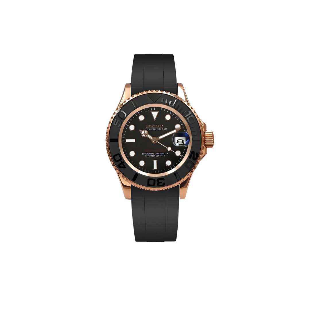 SEIKO MOD YACHTMASTER BLACK MEN'S WATCH with black Dial and bronze RUBBER STRAP