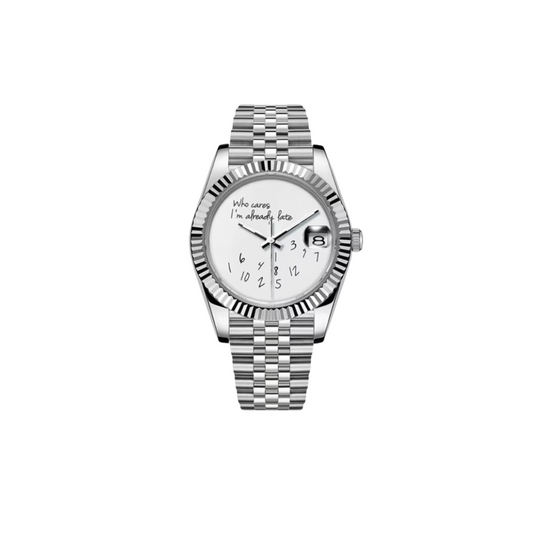 Front view of a Seiko I am late men's watch with white dial and stainless steel bracelet
