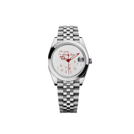 Front view of a Seiko I am late men's watch with white red dial and stainless steel bracelet