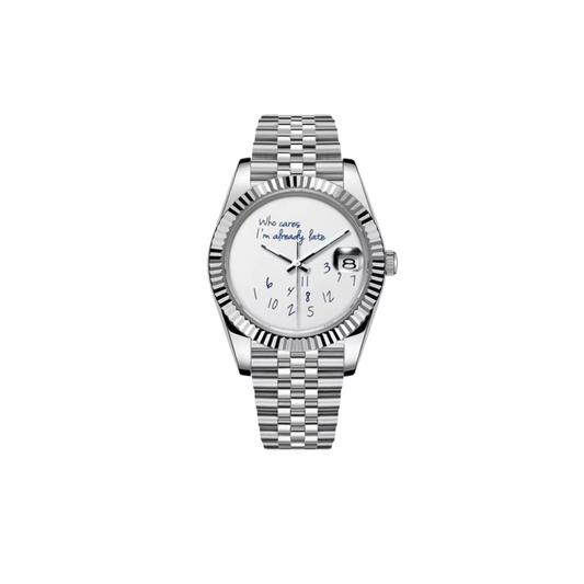 Front view of a Seiko I am late men's watch with white blue dial and stainless steel bracelet
