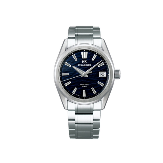 Front view of a Seiko Grand Seiko men's watch with blue dial and stainless steel bracelet