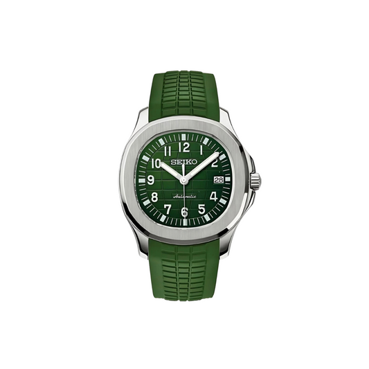 Front view of a SEIKO MOD EMERALD CLASSIC greenMEN'S WATCHwith GREEN dial and stainless steel bracelet