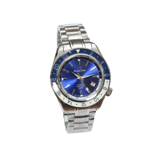 Front view of a Seiko Grand Seiko men's watch with blue dial and stainless steel bracelet
