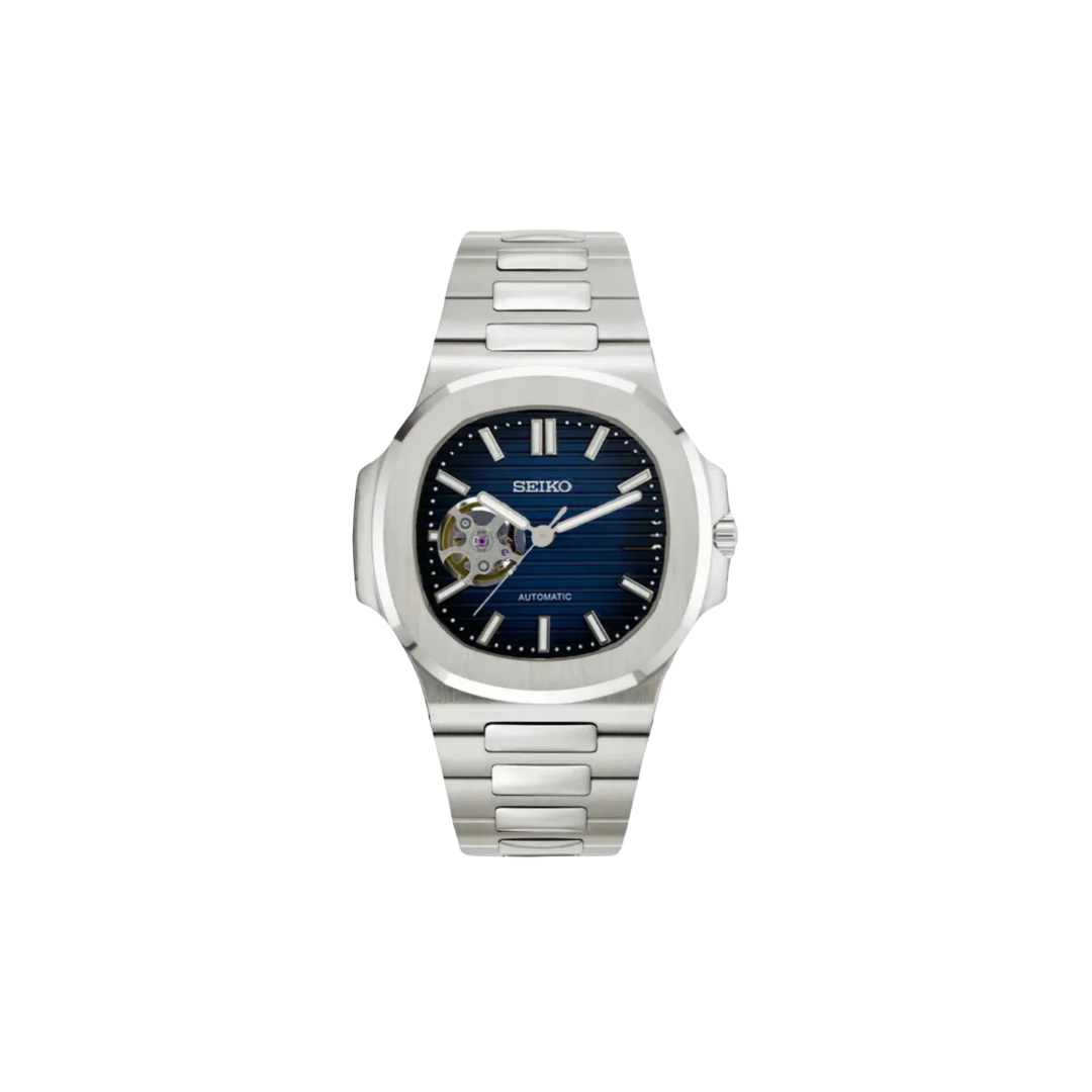 SEIKO MOD OPEN HEART NAUTILUS BLACK MEN'S WATCH with blue Dial and Steel Bracelet