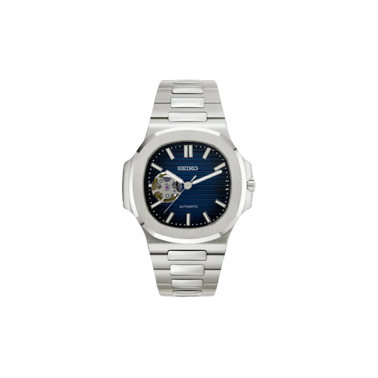 SEIKO MOD OPEN HEART NAUTILUS BLACK MEN'S WATCH with blue Dial and Steel Bracelet