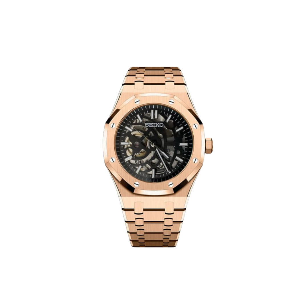 SEIKO MOD OAK SKELETON Men's Watch with black Dial and gold Steel Bracelet