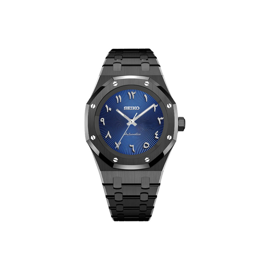SEIKO MOD ROYAL OAK ARABIC DIAL BLACK/ BLUE DIAL with blue Dial and black Steel Bracelet